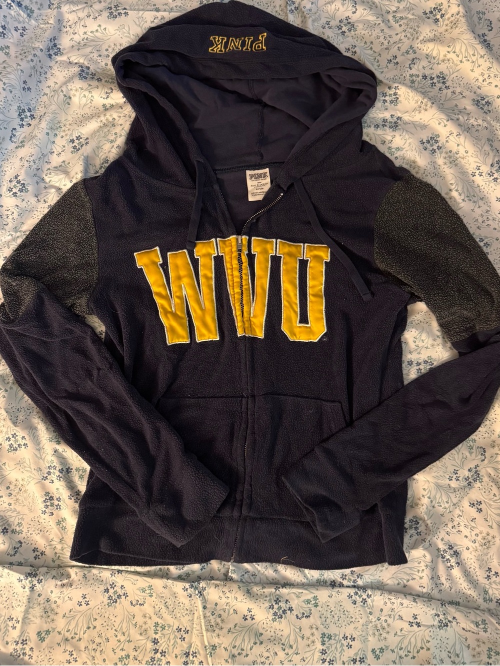 PINK Victoria's Secret Navy Zip-Up Hoodie with Gold WVU Letters - Picture 1 of 1